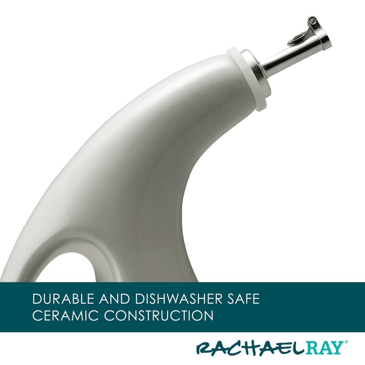 Close-up of a white handle, text reads "Durable and Dishwasher Safe Ceramic Construction".