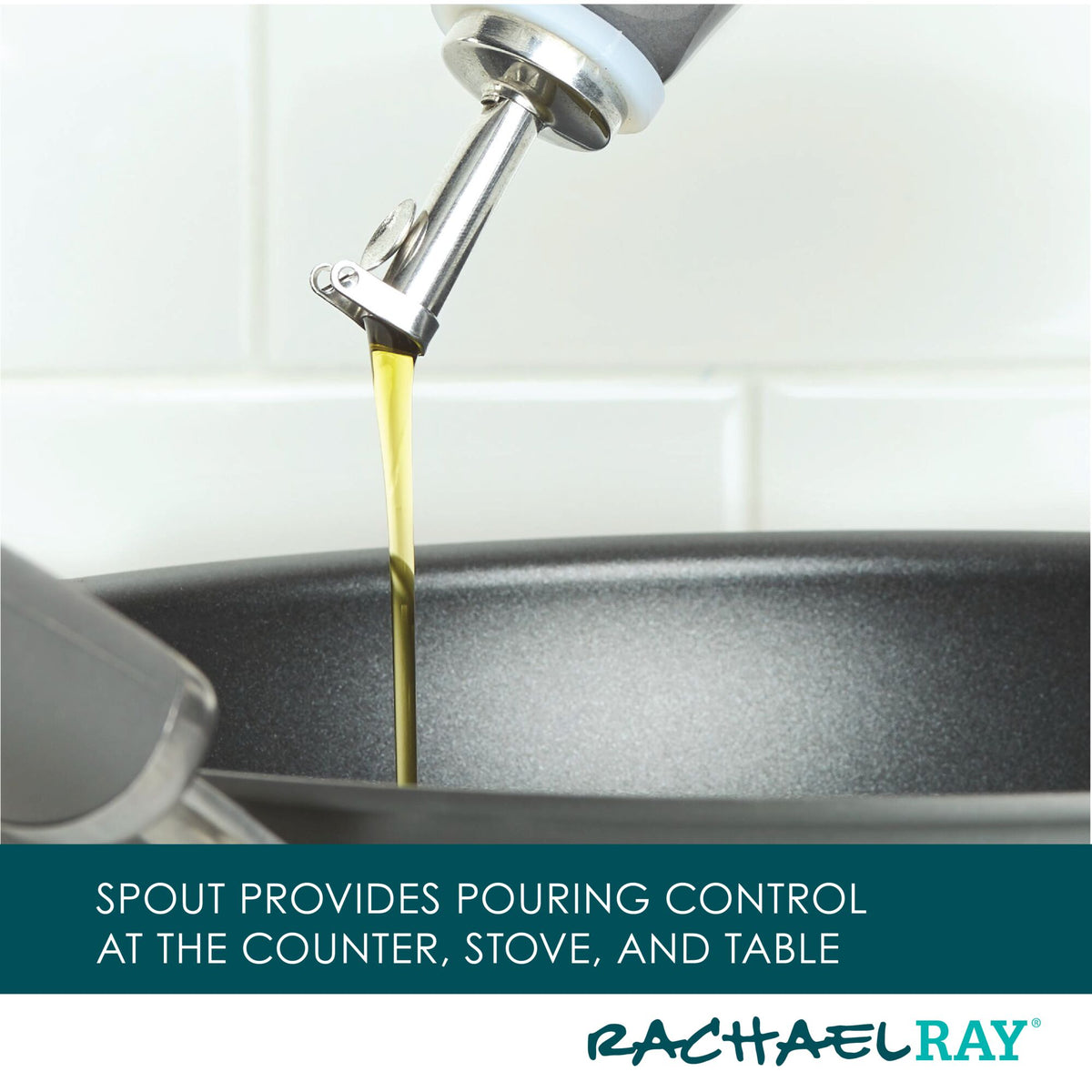 Oil pouring from a spout into a frying pan.