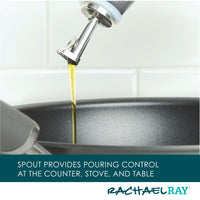 Oil pouring from a spout into a frying pan.