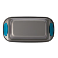Rectangular baking pan with blue silicone grips on each handle.