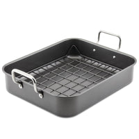 Rectangular roasting pan with metal handles and a removable grid rack.