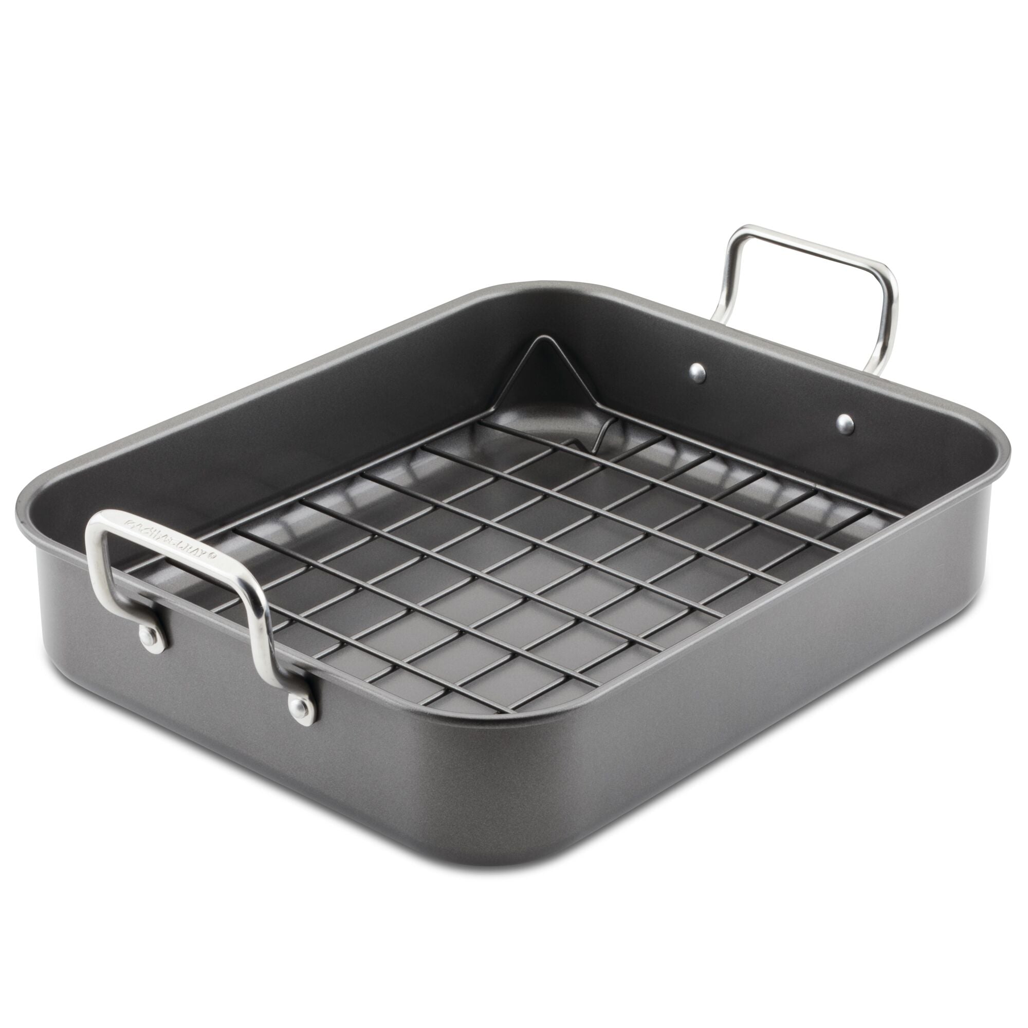 Rectangular roasting pan with metal handles and a removable grid rack.
