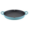 The 14-Inch NITRO Cast Iron Skillet by Rachael Ray features a beautiful turquoise finish and dual handles, making it suitable for induction cooking and oven use.