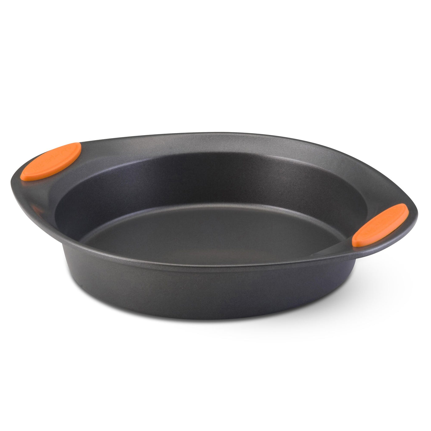 Round baking pan with orange handles on a white background.