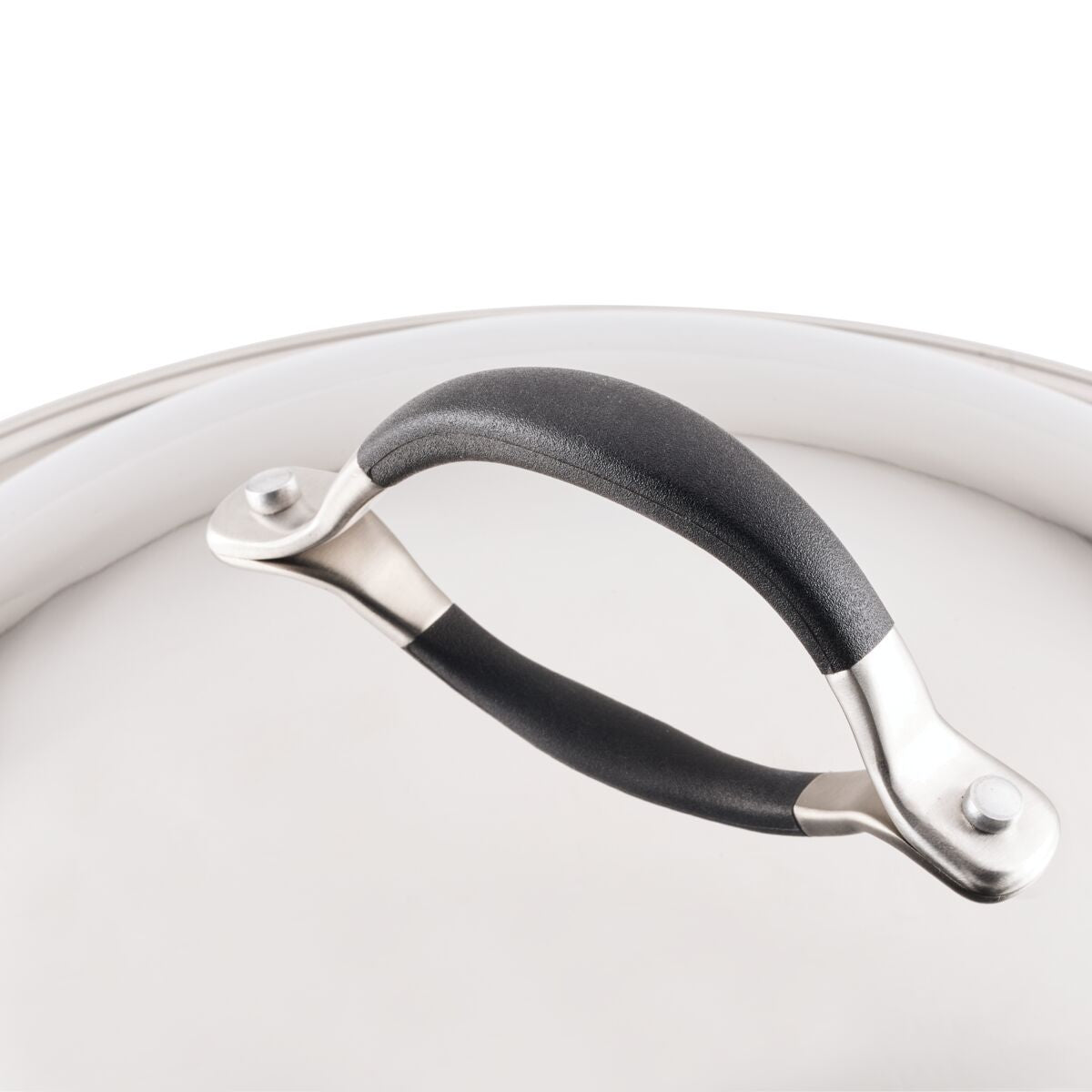 Close-up of the handle on a 14-Inch Stainless Steel Domed Lid, showcasing a sleek black and silver design.