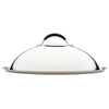 The 14-Inch Stainless Steel Domed Lid, with its stylish silver and black finish and convenient handle, rests elegantly on the flat surface.