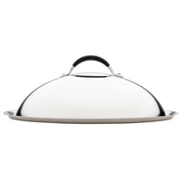 The 14-Inch Stainless Steel Domed Lid, with its stylish silver and black finish and convenient handle, rests elegantly on the flat surface.