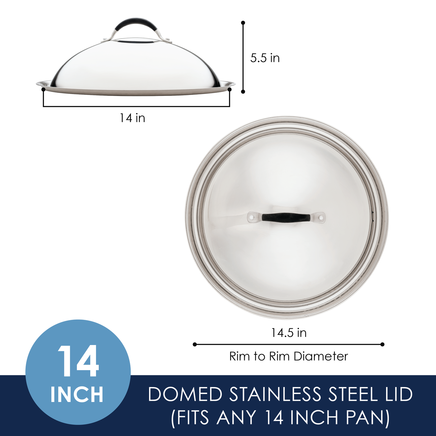 The 14-Inch Stainless Steel Domed Lid by Rachael Ray Professional features a sleek design with measurements, fitting perfectly on 14-inch pans.