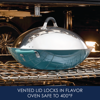 Teal pot featuring the 14-Inch Stainless Steel Domed Lid, suitable for oven use up to 400°F.