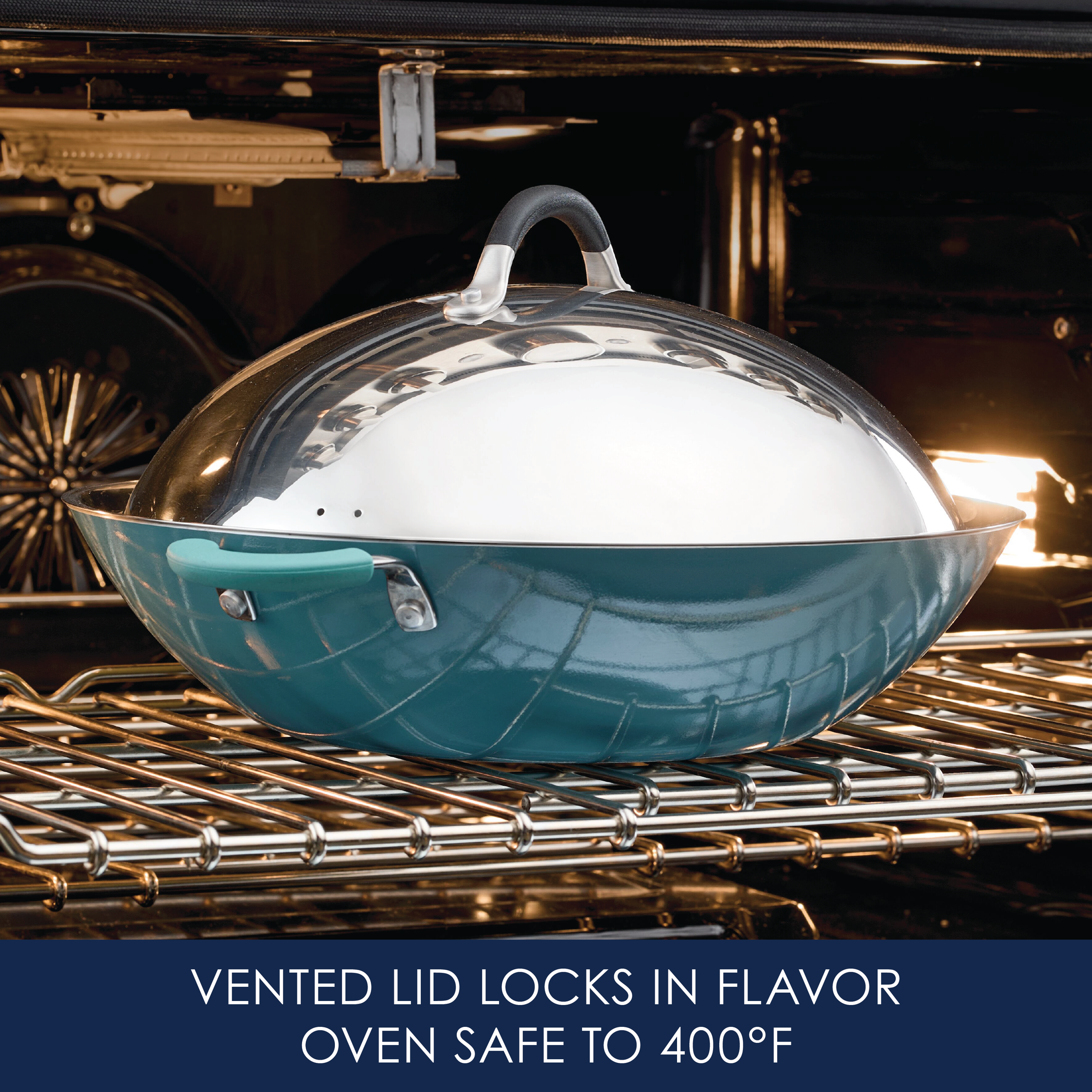 Teal pot featuring the 14-Inch Stainless Steel Domed Lid, suitable for oven use up to 400°F.