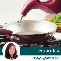 A red frying pan with oil pouring in from a sleek 24-ounce EVOO Bottle, labeled "ceramics" and "Rachael Ray," offering precision pouring for your culinary creations.