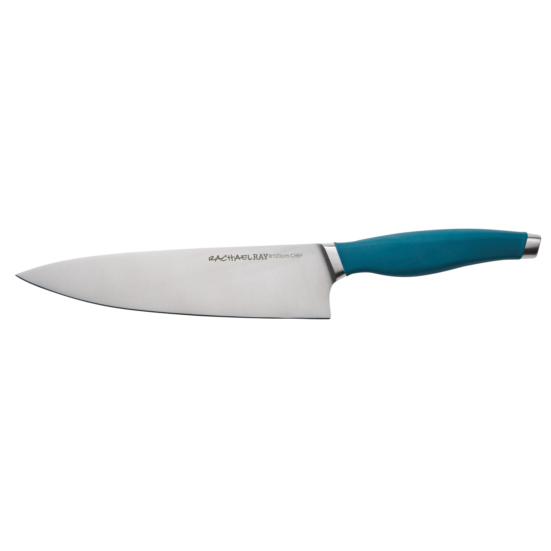 Chef's knife with a blue handle on a white background.