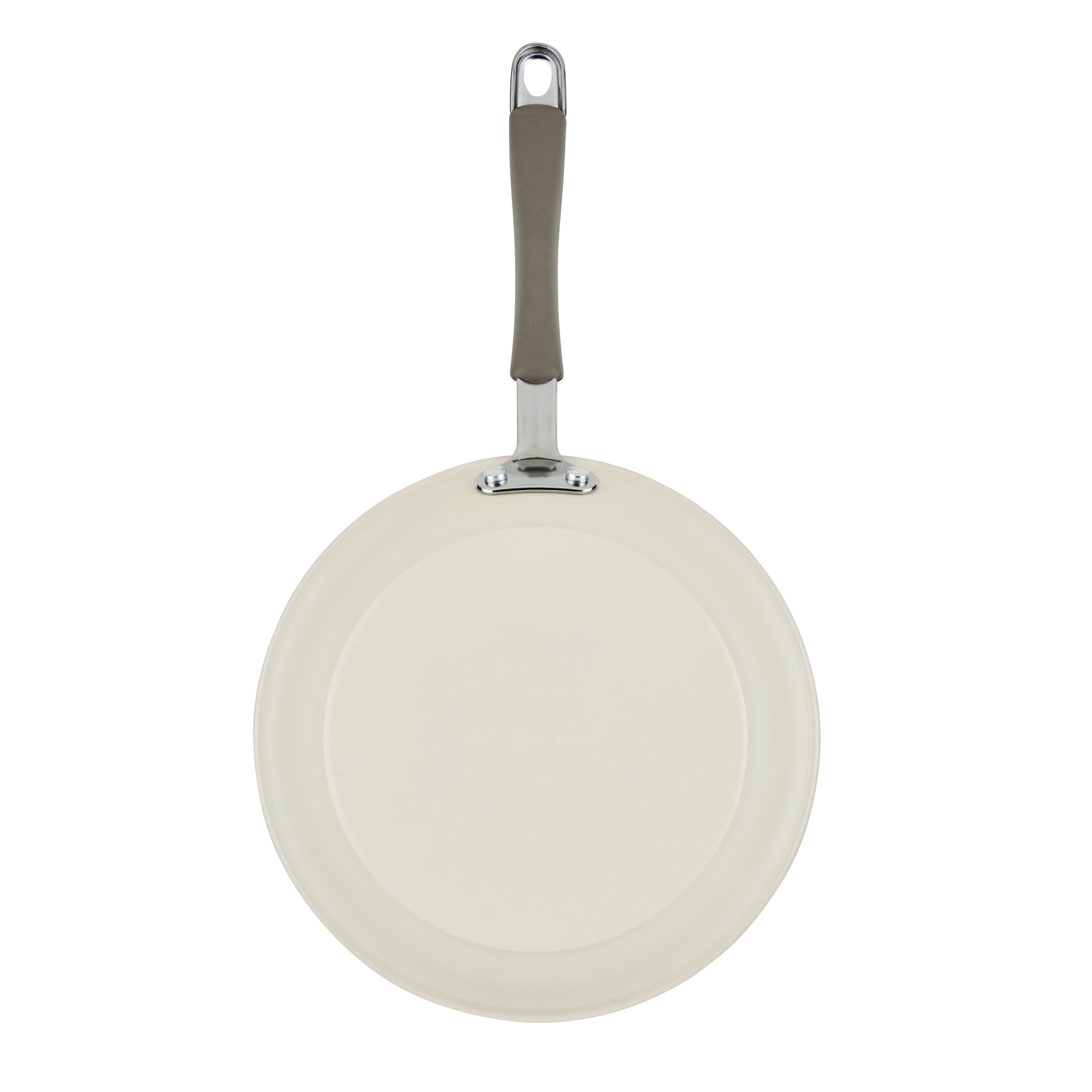 Ceramic Nonstick Frying Pan with metal and gray handle, top view.