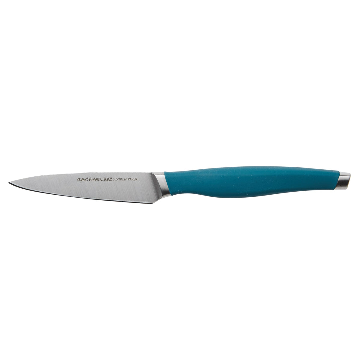 Paring knife with a blue handle and a stainless steel blade.