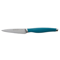 Paring knife with a blue handle and a stainless steel blade.