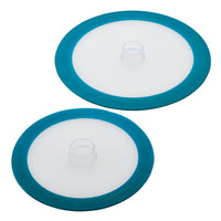 Two blue and white silicone lids with circular handles.