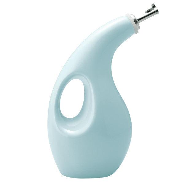 24-ounce EVOO Bottle in a curved, light blue design featuring a stainless steel pour spout and handle opening.