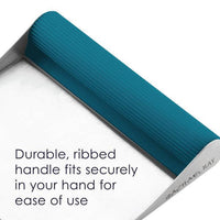 Blue ribbed handle on a silver kitchen utensil with printed text.