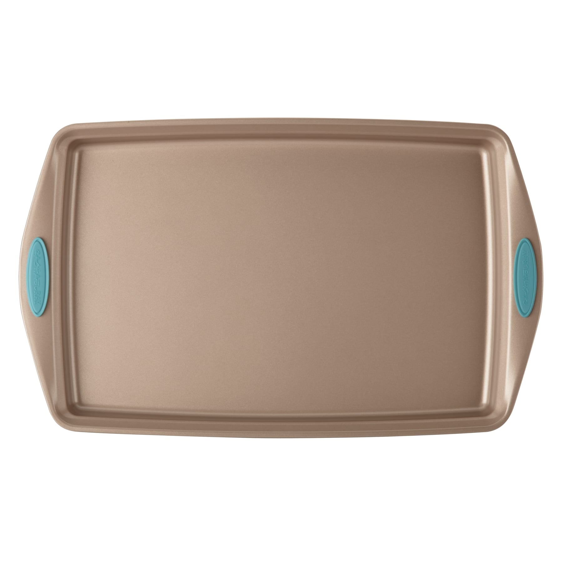 Rectangular baking sheet with teal handles on both sides.