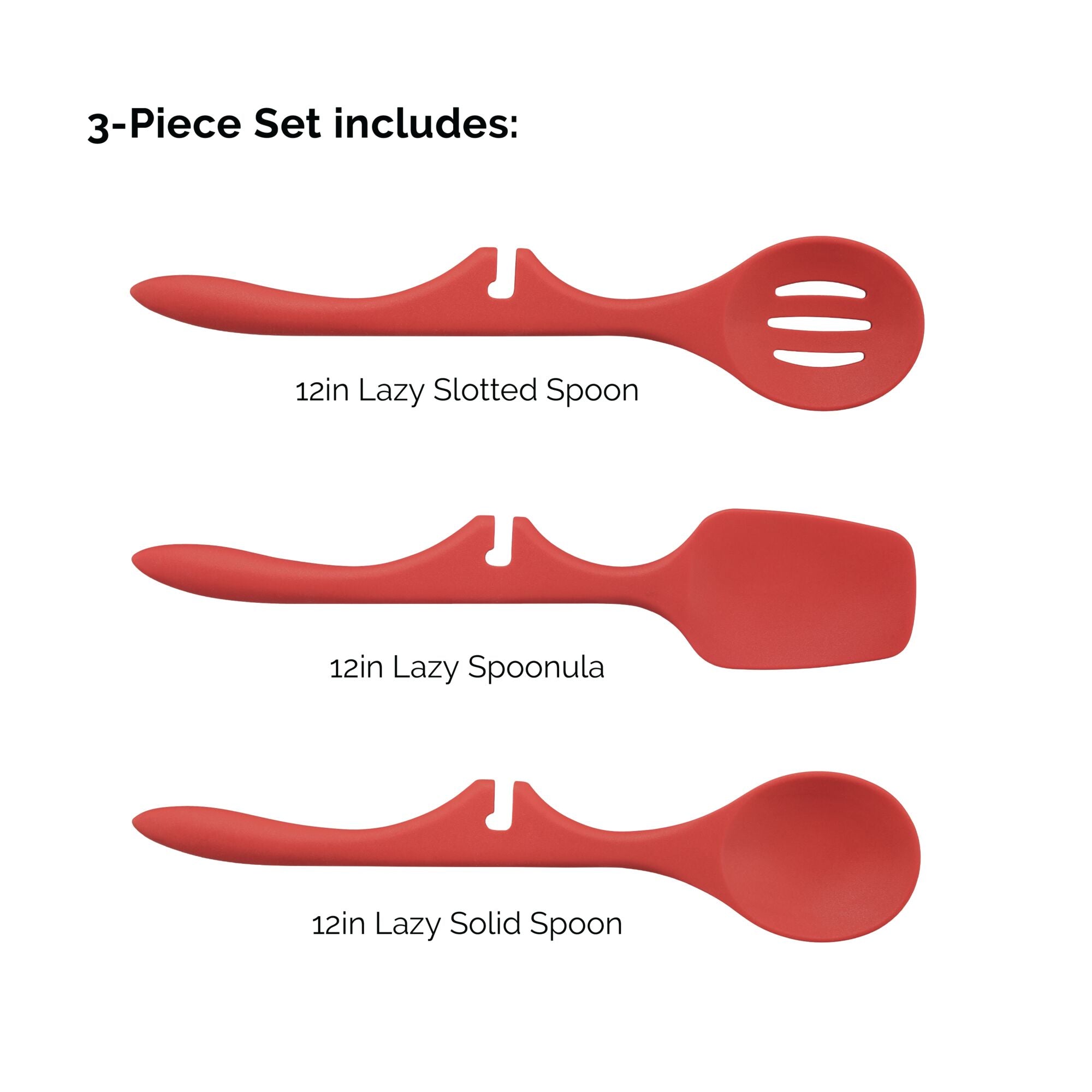 The 3-Piece Lazy Tool Set features a versatile trio of red nylon kitchen utensils: a slotted spoon, a spoonula, and a solid spoon, all designed with heat-safe durability to meet your cooking needs.