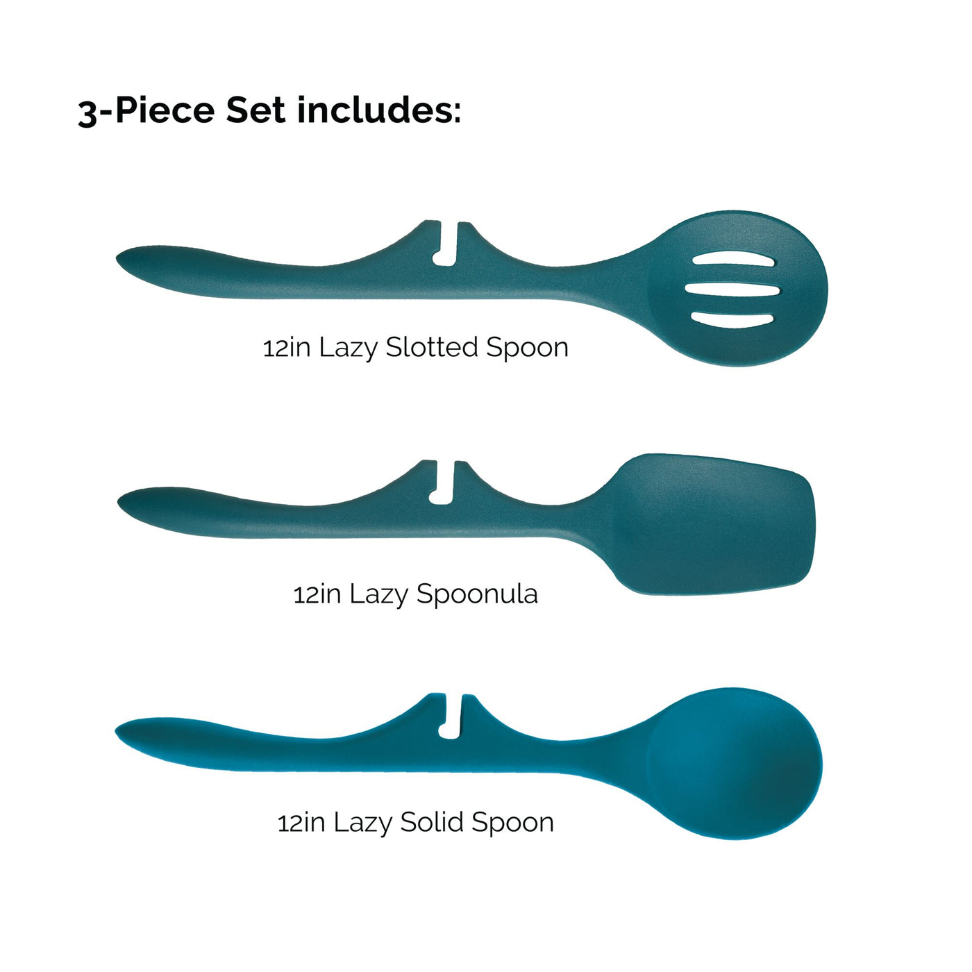Introducing the 3-Piece Lazy Tool Set: a collection of three versatile teal cooking utensils, including a slotted spoon, a spoonula, and a solid spoon, all crafted from heat-safe nylon to meet your culinary needs.