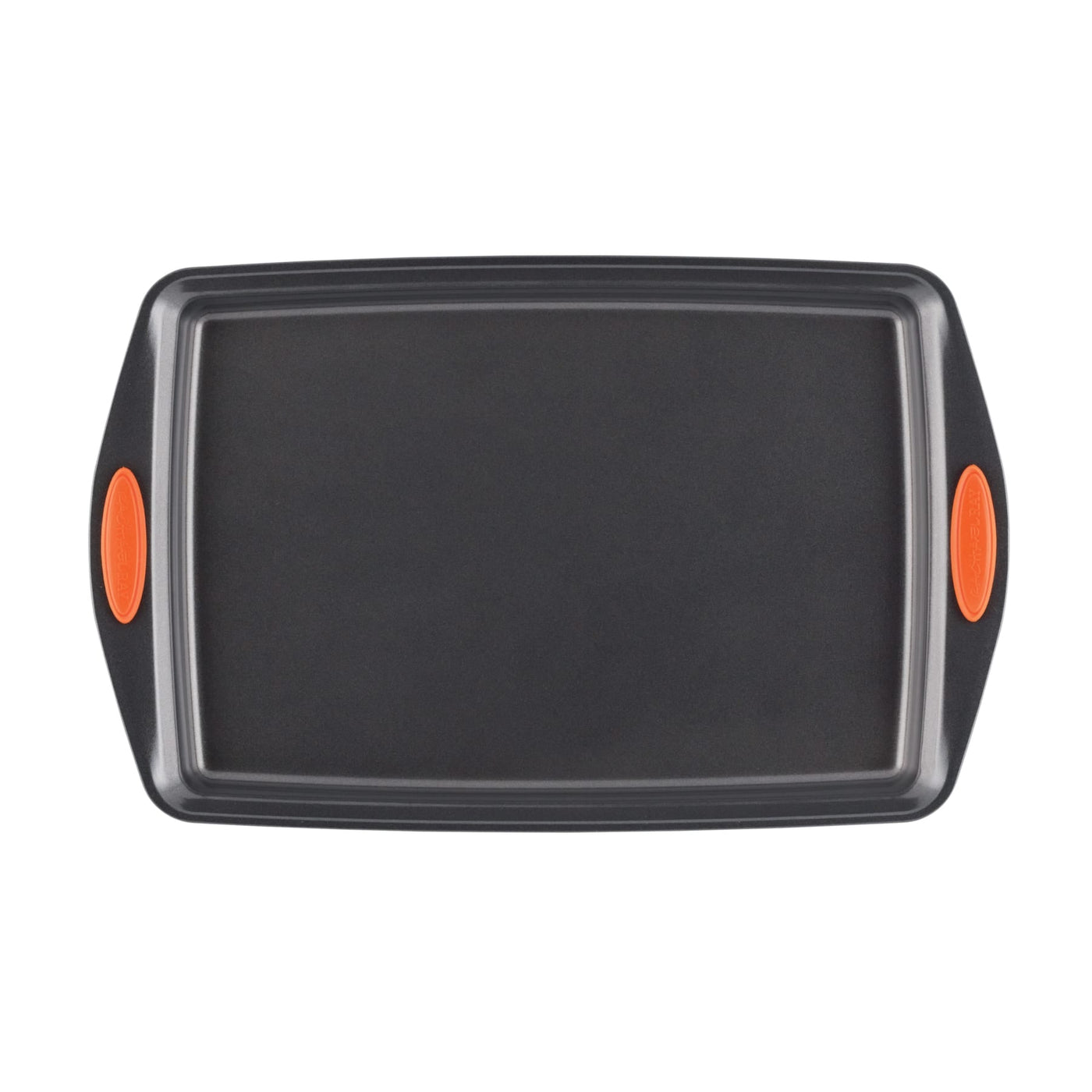 Black baking sheet with orange handles, viewed from above.