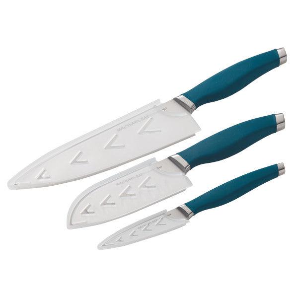 Three kitchen knives with teal handles and protective covers.