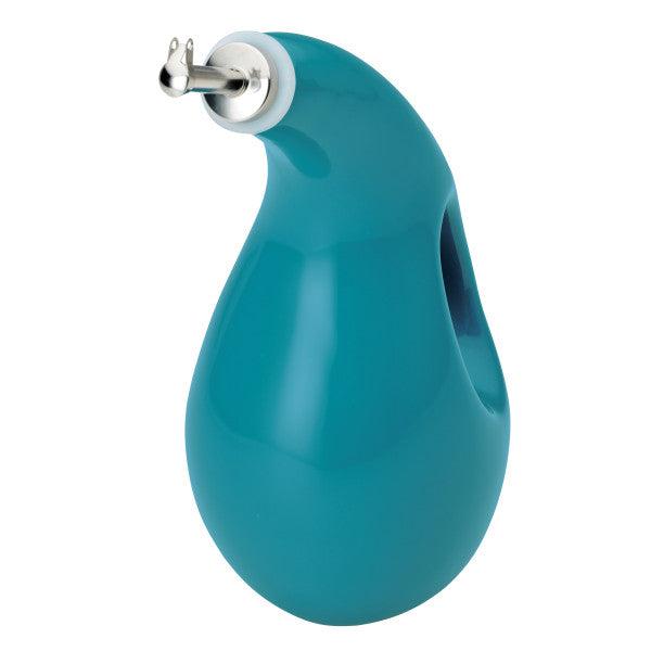 Teal ceramic EVOO Bottle 24-Ounce with a stainless steel pour spout for precise pouring.