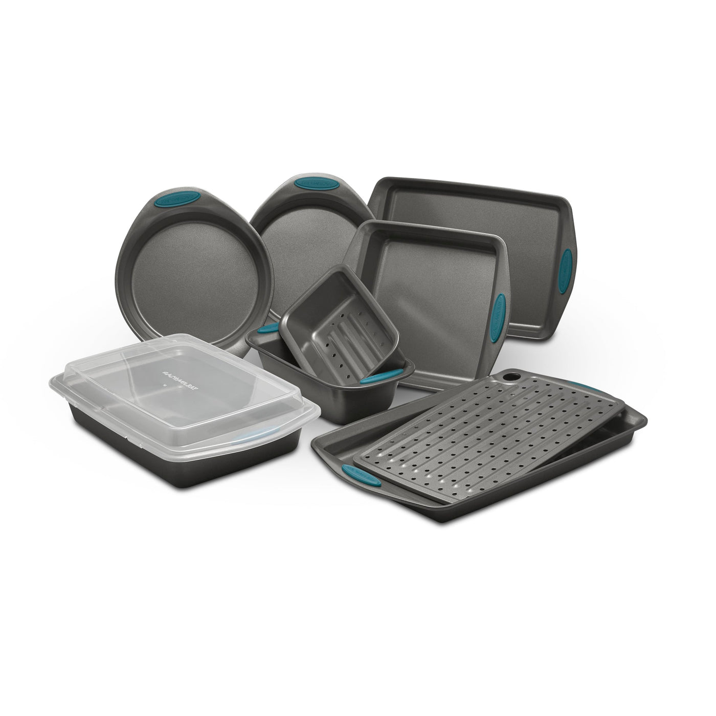 A set of gray nonstick bakeware with teal handles on display.