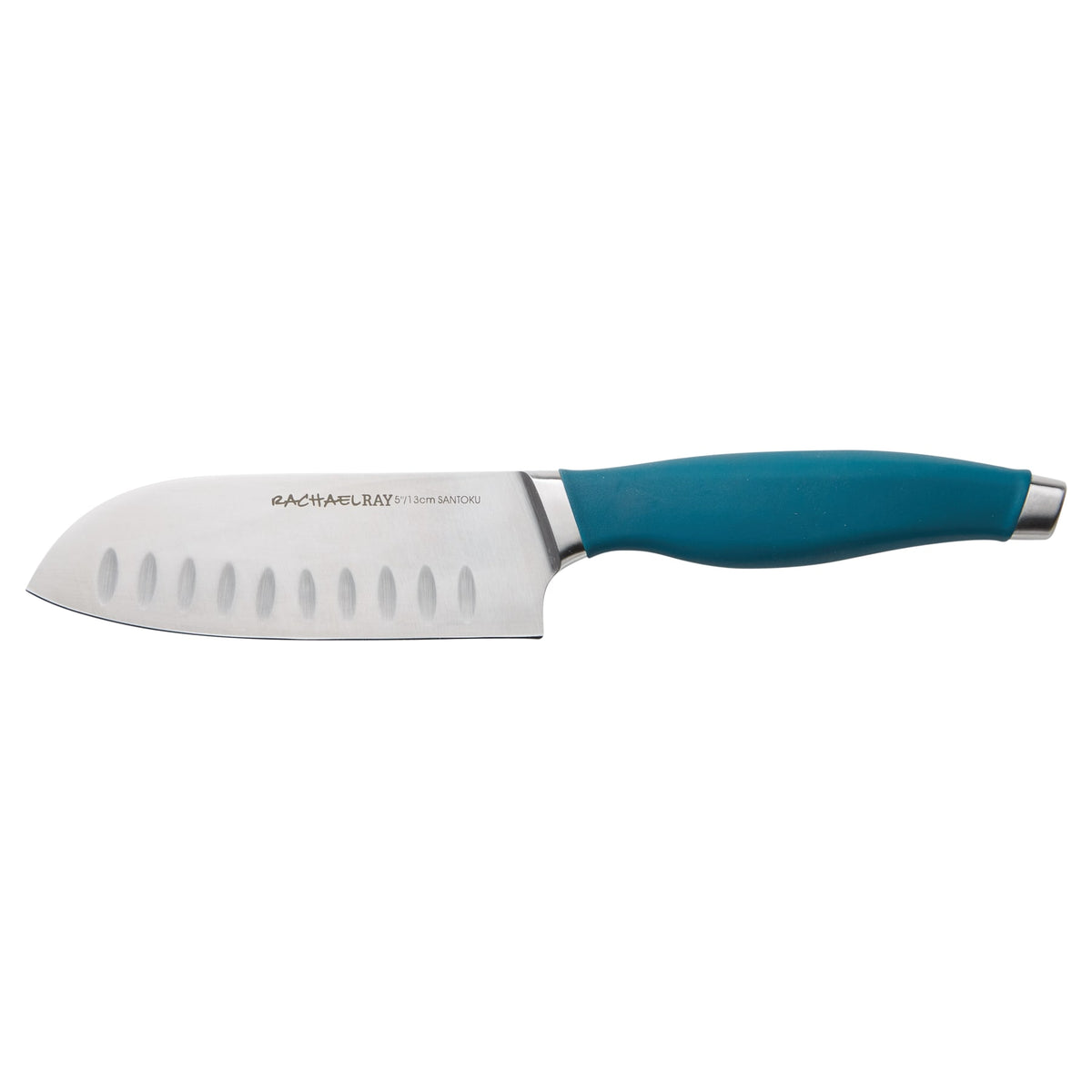 Kitchen knife with blue handle and a silver blade featuring granton edges.