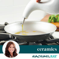 Oil from an EVOO Bottle 24-Ounce is being poured with precision into a ceramic pan on a stove, featuring a stainless steel pour spout for effortless control, with a woman's picture inset.