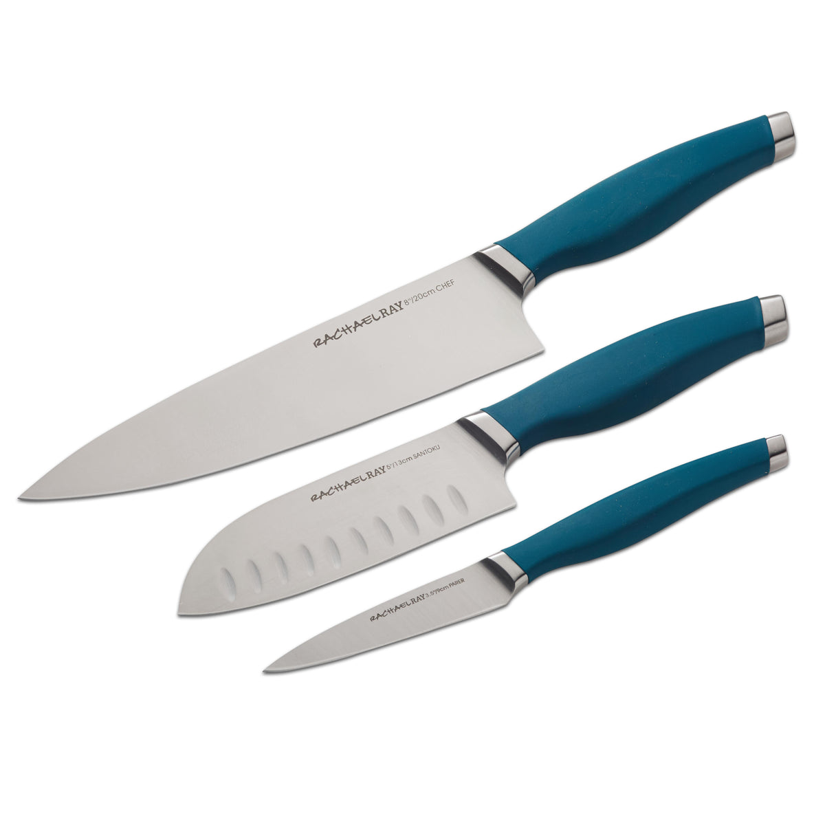 Three kitchen knives with blue handles on a white background.