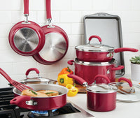 13-Piece Nonstick Induction Cookware Set with pots, pans, and lids on counter.