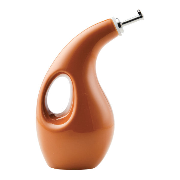 The 24-Ounce EVOO Bottle is a modern ceramic oil dispenser featuring a sleek, curved design, a side handle, and a stainless steel pour spout for precision pouring.