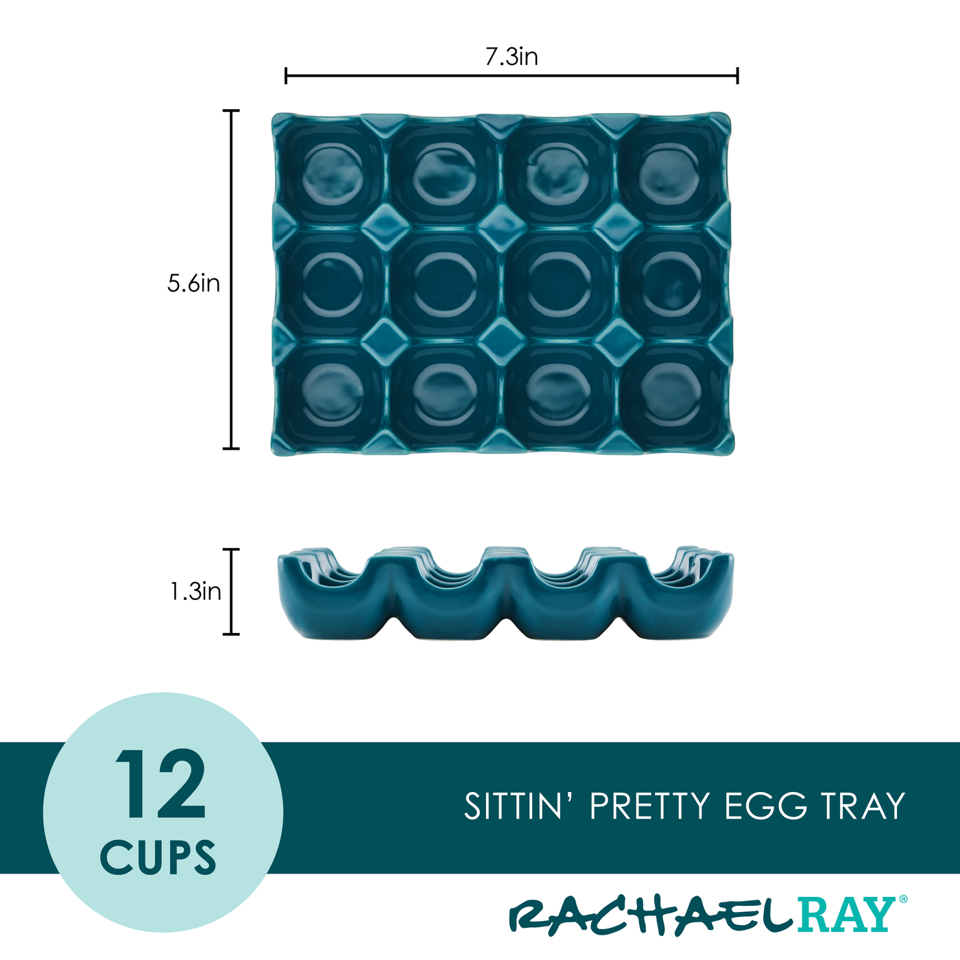 This versatile hors d'oeuvres tray, known as the 12-Cup Ceramic Egg Tray, features a modern teal color and dimensions labeled, making it perfect for any occasion.
