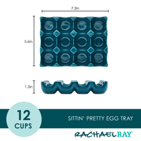 This versatile hors d'oeuvres tray, known as the 12-Cup Ceramic Egg Tray, features a modern teal color and dimensions labeled, making it perfect for any occasion.