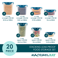 20-Piece Nestable Storage Containers featuring leak-proof design, a 4-hinge locking system, and blue lids in various sizes and shapes.