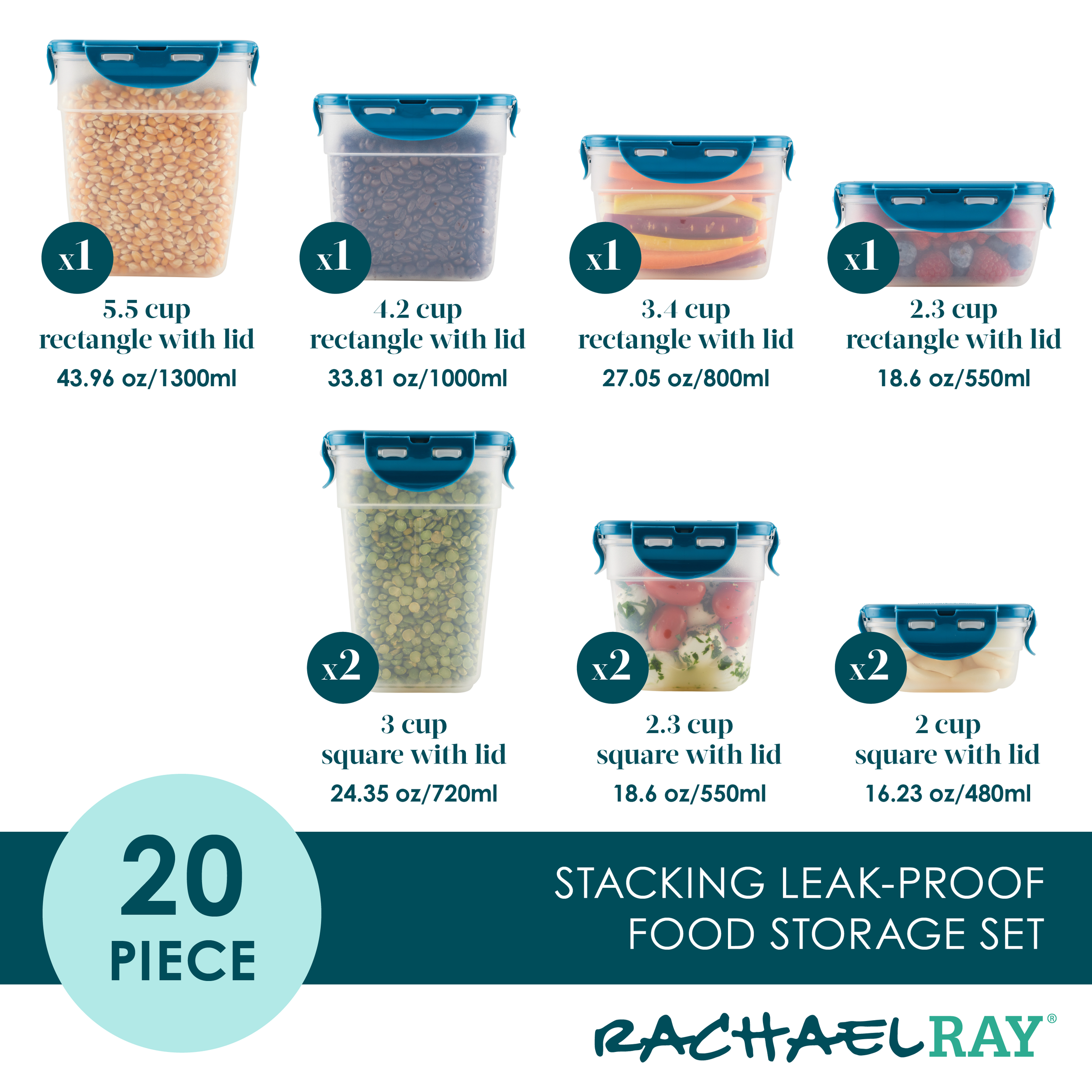 20-Piece Nestable Storage Containers featuring leak-proof design, a 4-hinge locking system, and blue lids in various sizes and shapes.