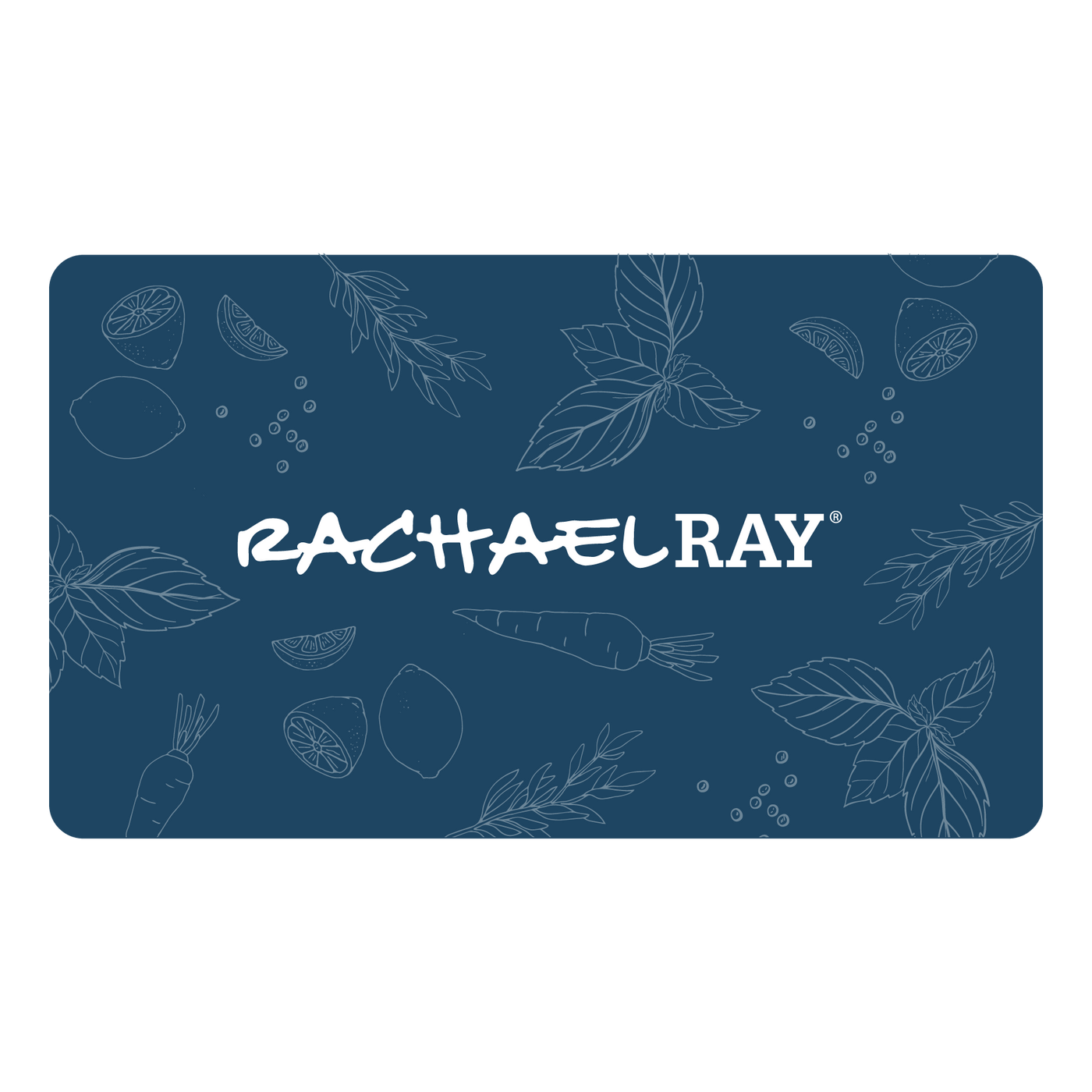 A blue design showcasing the "Rachael Ray" logo, decorated with illustrated herbs and vegetables. Ideal as a hotrachaelratrend.com Gift Card, providing the recipient with the gift of choice. Redeemable at checkout to delight any culinary enthusiast.