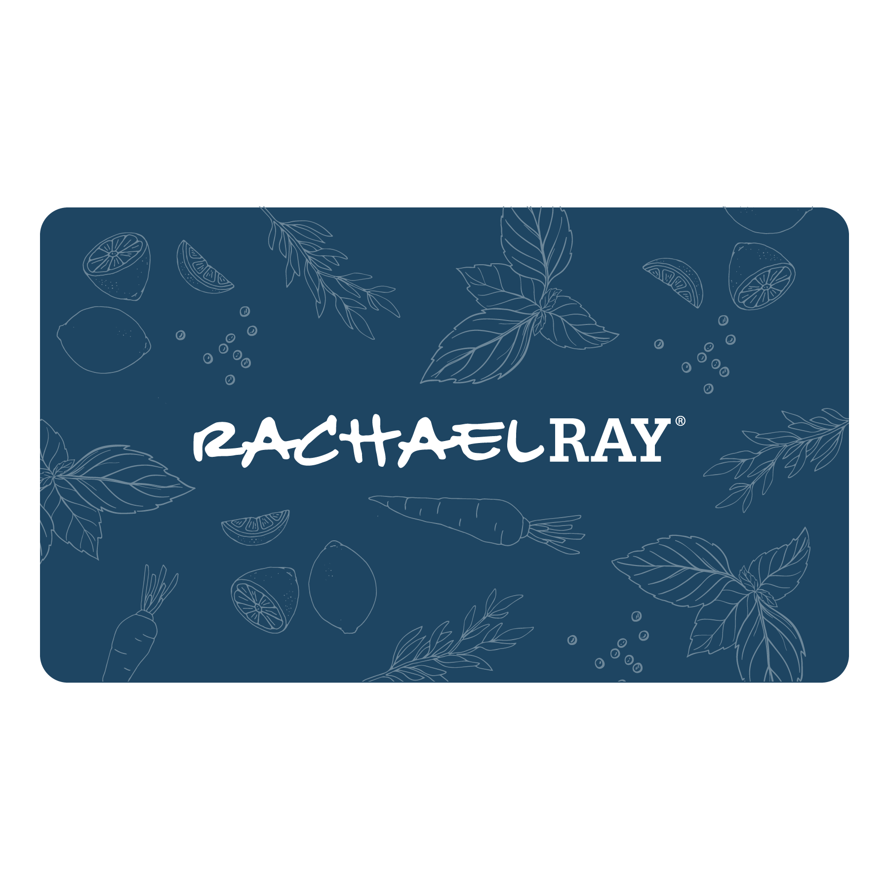 A blue design showcasing the "Rachael Ray" logo, decorated with illustrated herbs and vegetables. Ideal as a hotrachaelratrend.com Gift Card, providing the recipient with the gift of choice. Redeemable at checkout to delight any culinary enthusiast.