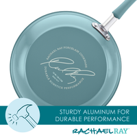 The 10-Piece Cucina Nonstick Cookware Set from Rachael Ray in teal features durable nonstick performance and includes shatter-resistant glass lids.