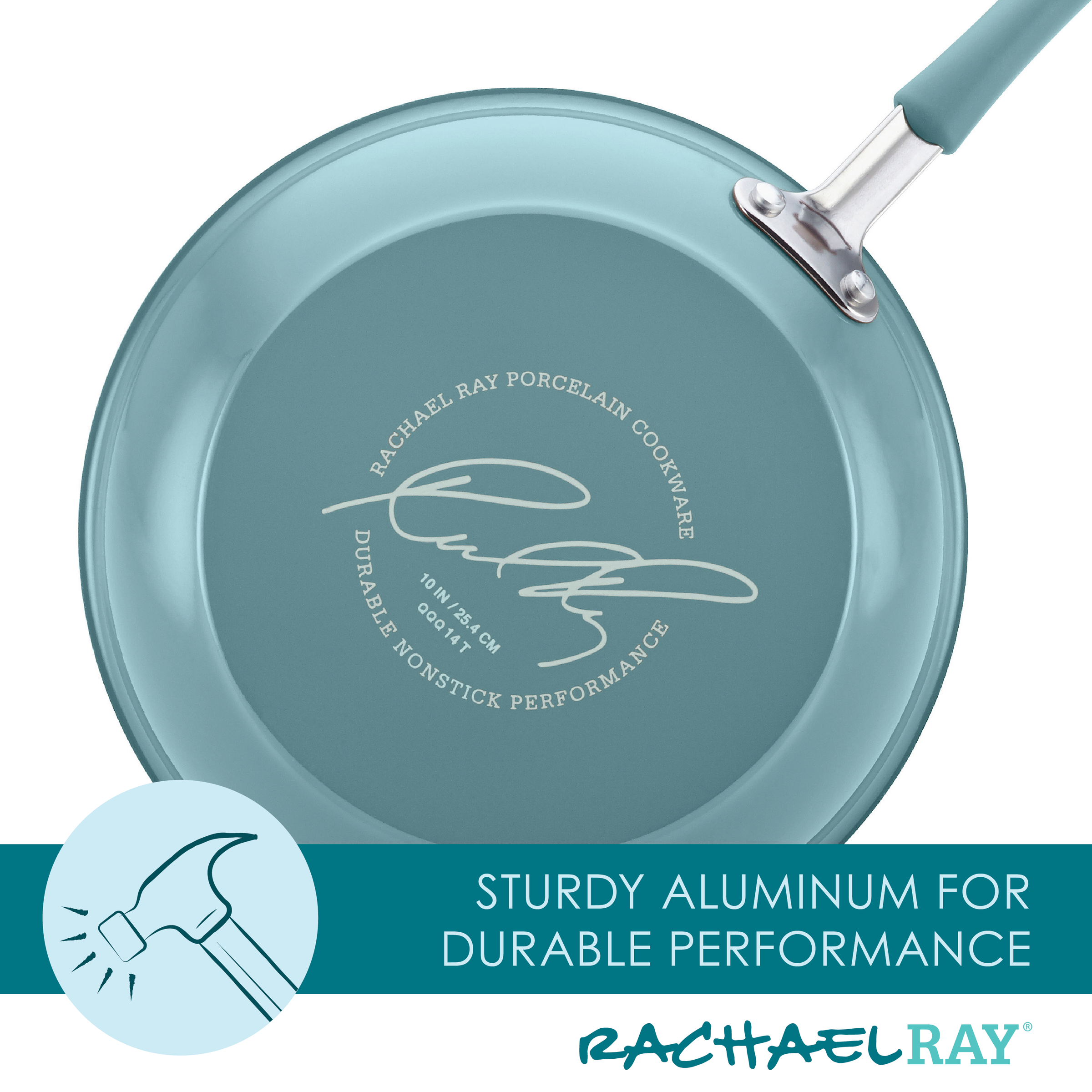 The 10-Piece Cucina Nonstick Cookware Set from Rachael Ray in teal features durable nonstick performance and includes shatter-resistant glass lids.