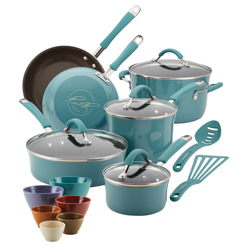 The 18-Piece Cucina Nonstick Cookware and Prep Bowl Set includes high-performance aluminum pots and nonstick pans in teal, along with BPA-free mix and measure cups and essential utensils.