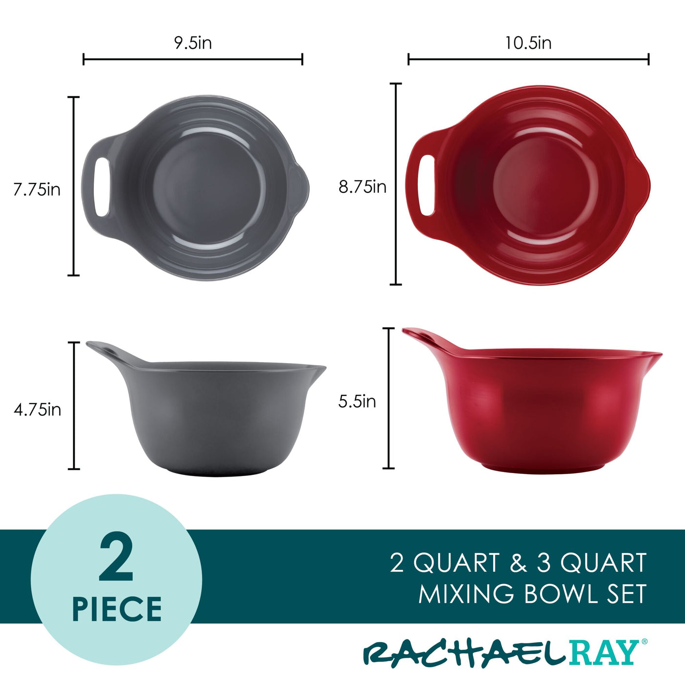 This 2-Qt. & 3-Qt. Nesting Mixing Bowl Set showcases striking gray and red designs, designed with pour spouts for easy transfer. Made from durable melamine, these bowls include non-slip rubberized bases for enhanced stability during use.