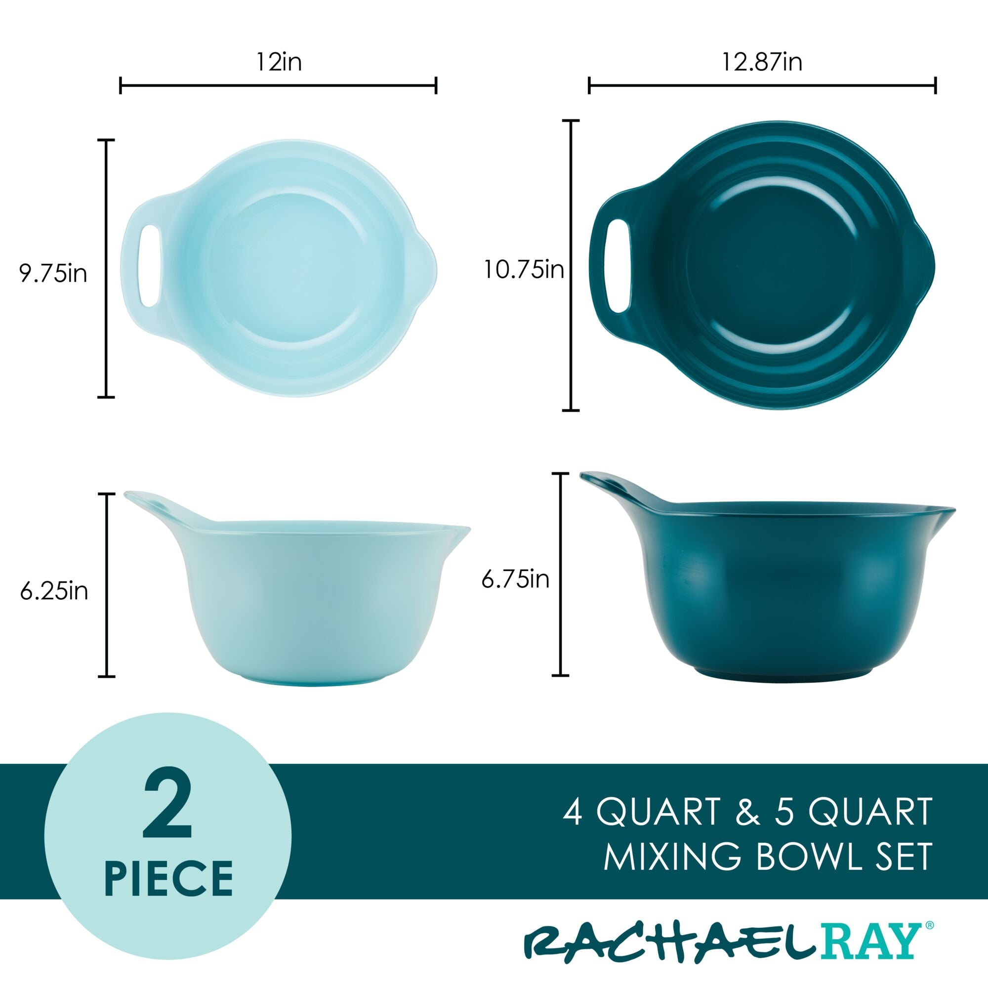 The 2-Qt. & 3-Qt. Nesting Mixing Bowl Set features teal melamine bowls designed for versatility, with one bowl wider and the other deeper, both equipped with pour spouts for effortless pouring. Their non-slip rubberized bottoms provide stability, allowing you to whisk and mix with confidence.