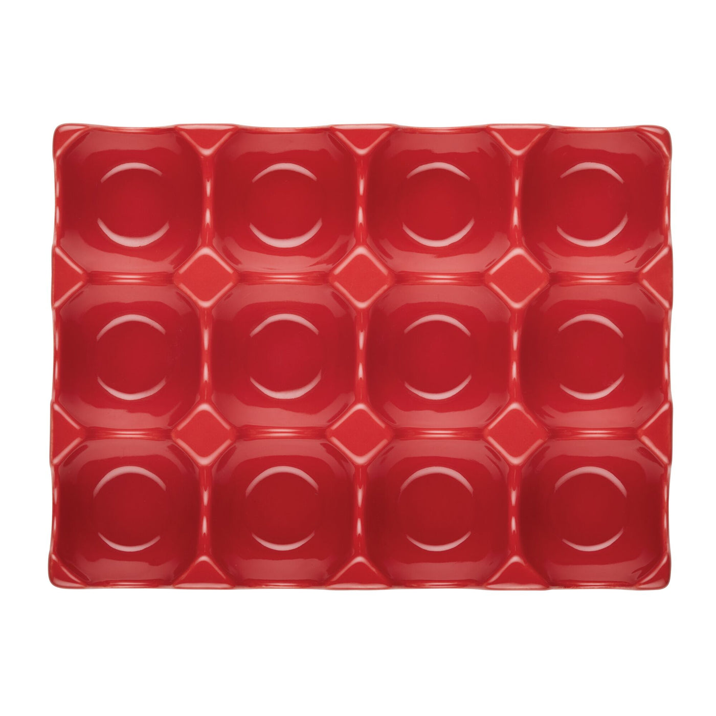 With its versatile and modern red hue, the 12-Cup Ceramic Egg Tray features twelve square, indented compartments, ideal for serving hors d'oeuvres.