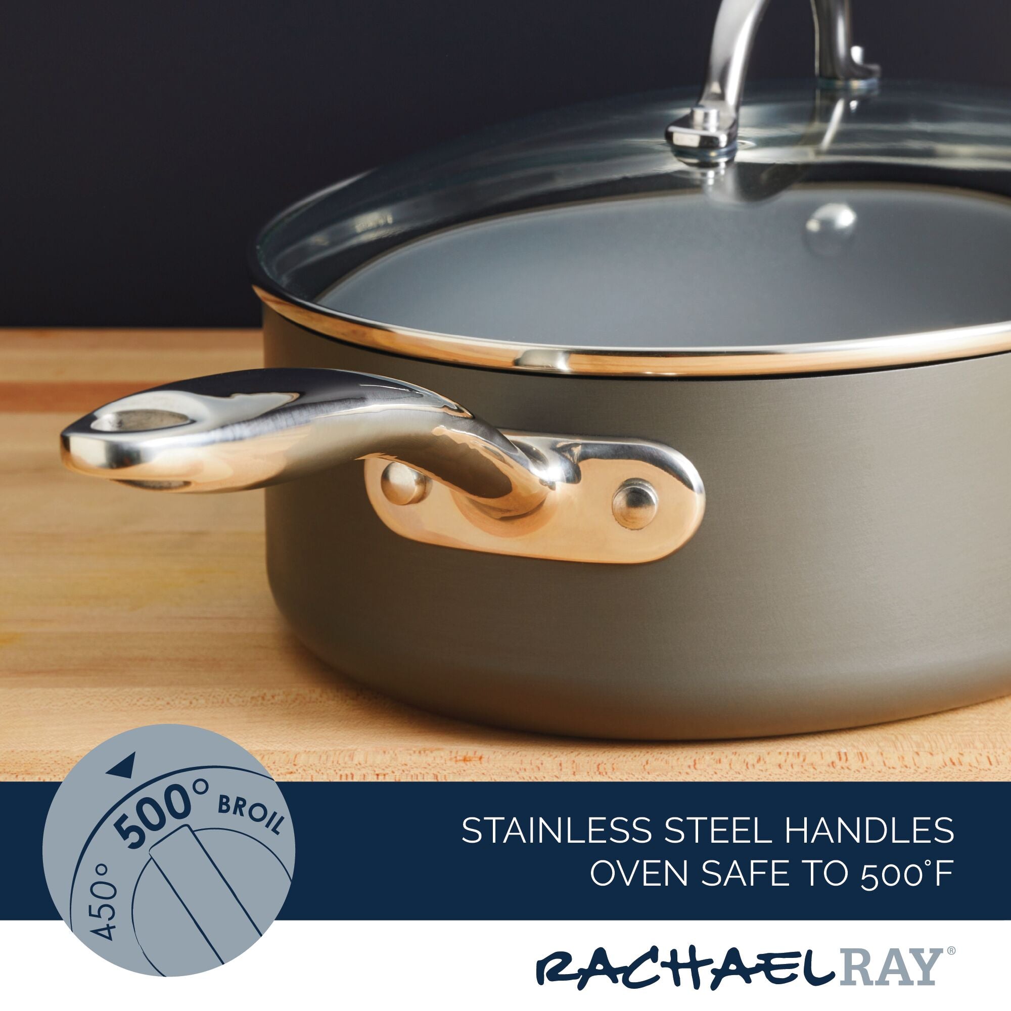 The 5-Quart Professional Hard Anodized Nonstick Oval Sauté Pan with Lid, featuring a stainless steel handle and oven safe up to 500°F, elegantly rests on a wooden surface.