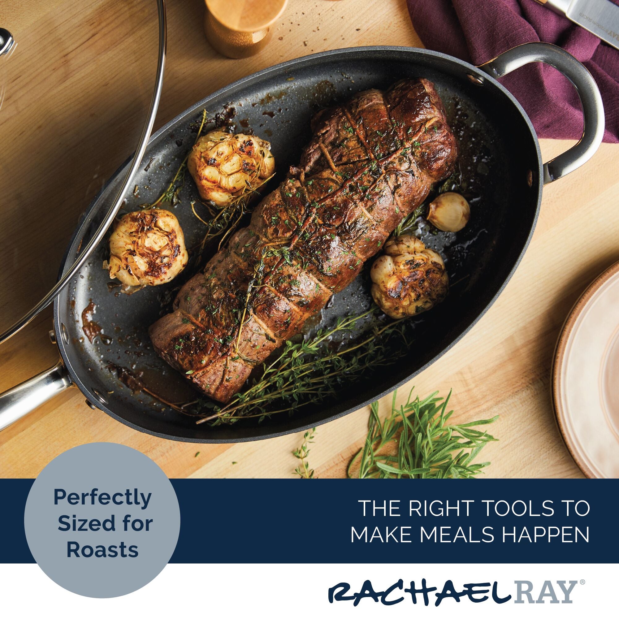 Garlic-infused roasted meat sizzles in a 5-Quart Professional Hard Anodized Nonstick Oval Sauté Pan with Lid, highlighting the versatility of its nonstick cookware design.