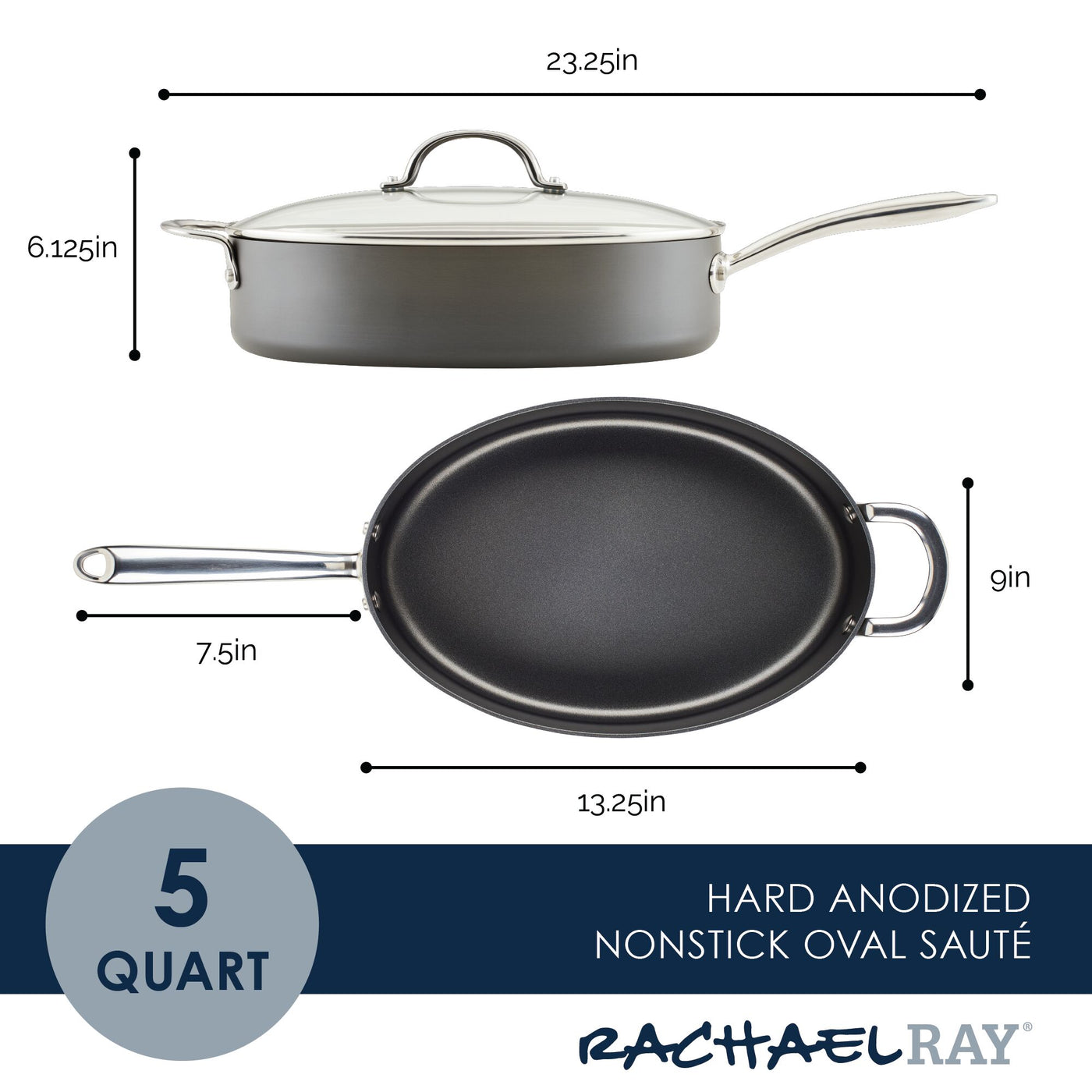 The 5-Quart Professional Hard Anodized Nonstick Oval Sauté Pan with Lid is ideal for creating tasty stovetop pasta dishes. Dimensions provided.