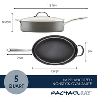 The 5-Quart Professional Hard Anodized Nonstick Oval Sauté Pan with Lid is ideal for creating tasty stovetop pasta dishes. Dimensions provided.